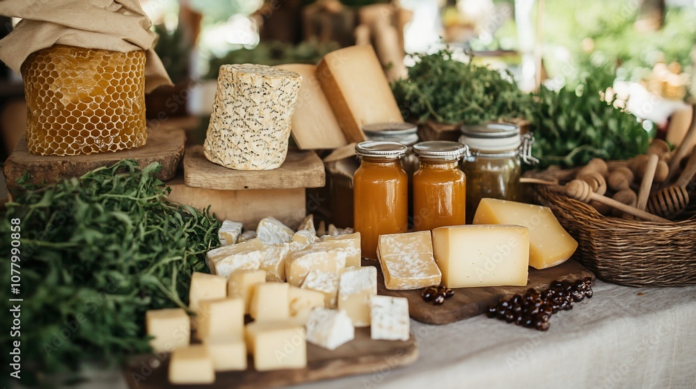 A variety of cheeses, honey, and herbs are displayed on a table at an outdoor market. A variety of cheeses, honey, and herbs are displayed on a table at an outdoor market.