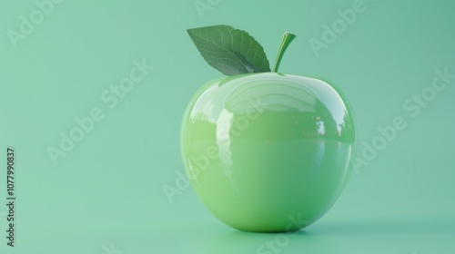 Glossy green apple sculpture on mint colored background showing perfect reflection and smooth surface