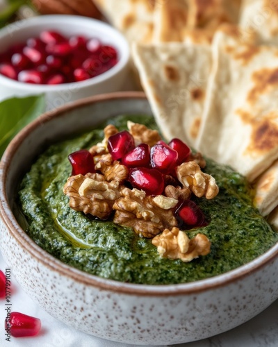 Vibrant pkhali spread with spinach and walnuts, perfect for spring appetizers photo