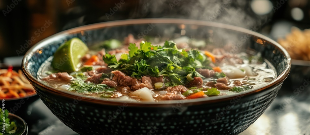 Steaming bowl of pho with beef, noodles, lime and cilantro. Steaming bowl of pho with beef, noodles, lime and cilantro.