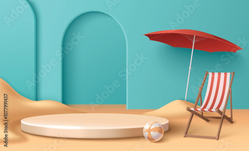 Round platform on summer beach background. Vector realistic illustration of sunshade umbrella, chaise lounge and ball on sand, vacation resort advertising backdrop, sunscreen cosmetics platform