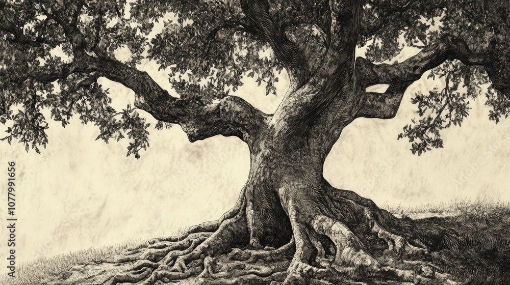 A detailed black and white drawing of a large, old tree with gnarled branches and exposed roots. A detailed black and white drawing of a large, old tree with gnarled branches and exposed roots.