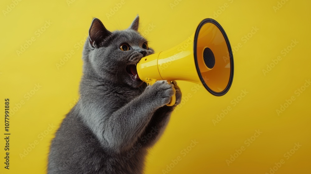 Fototapeta premium Gray Cat Holding Yellow Megaphone Against Bright Yellow Background, Communicating Playfully, Showcasing Fun and Whimsical Pet Photography