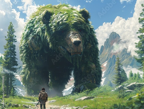 Enormous Green Bear in a Mountain Landscape: A Fantasy Creature in a Surreal Setting photo