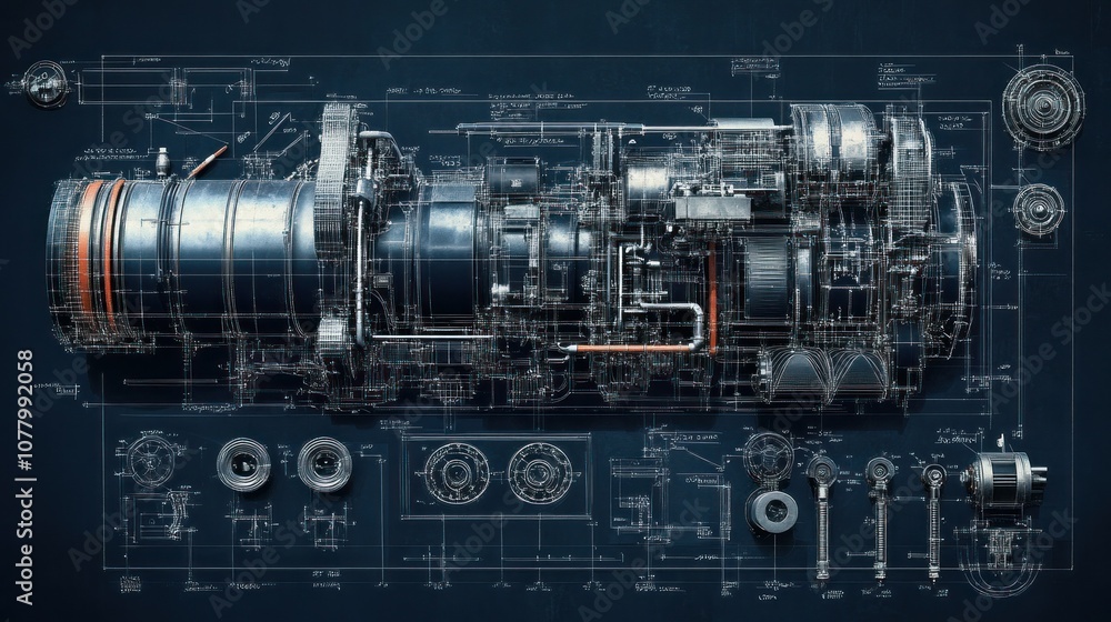 Photorealistic render of a tanks fuel system components in blueprint format, with detailed technical annotations and intricate parts shown Photorealistic render of a tanks fuel system components in blueprint format, with detailed technical annotations and intricate parts shown
