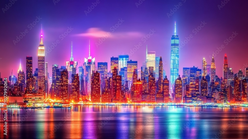 Obraz premium New York City skyline at night with illuminated skyscrapers