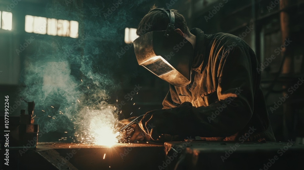 Skilled Industrial Worker Performing Welding with Protective Gear While Sparks Fly in a Dimly Lit Workshop Environment Skilled Industrial Worker Performing Welding with Protective Gear While Sparks Fly in a Dimly Lit Workshop Environment