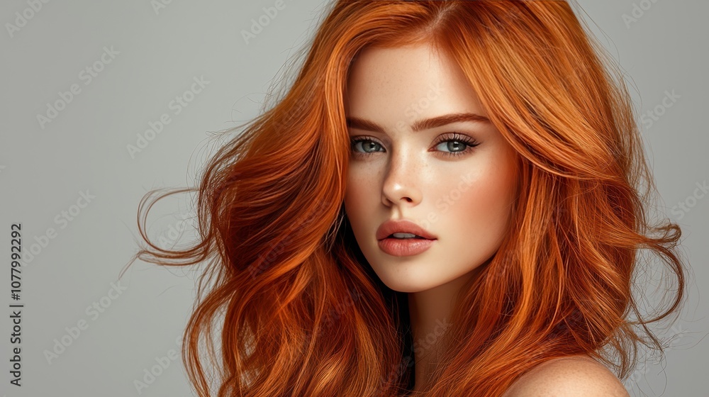 Stunning Portrait of a Young Woman with Radiant Orange Hair and Expressive Features in a Soft Gray Background Capturing Natural Beauty and Charm Stunning Portrait of a Young Woman with Radiant Orange Hair and Expressive Features in a Soft Gray Background Capturing Natural Beauty and Charm