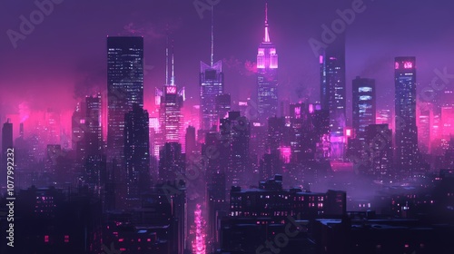 New York City skyline at night with illuminated skyscrapers