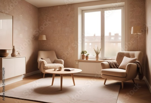 Scandinavian living room interior design zoom background,Doodle patterned wallpaper graphics