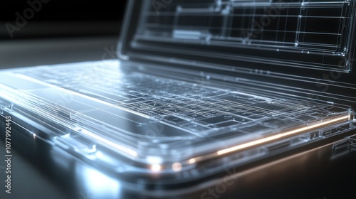 Photorealistic rendering of a laptops display panel, highlighting the LED backlight, LCD screen, and glass layers in a technical blueprint style photo