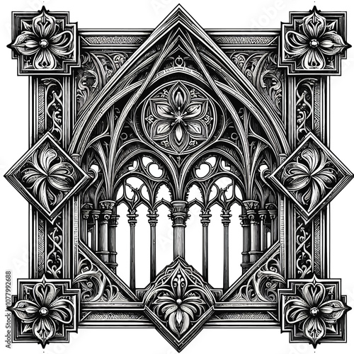 Gothic square frame with pointed arches, floral motifs, and decorative linework. vector
