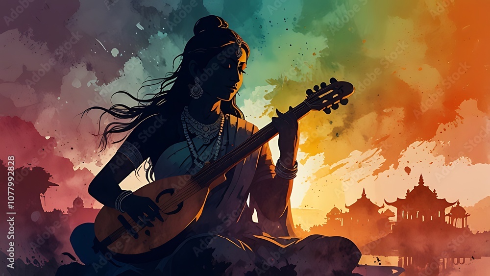 Illustration of the goddess sarasvati for vasant panchami in cartoon style.