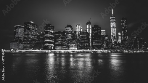 New York City skyline at night with illuminated skyscrapers