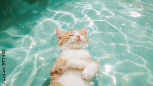 cat sleeping in the pool