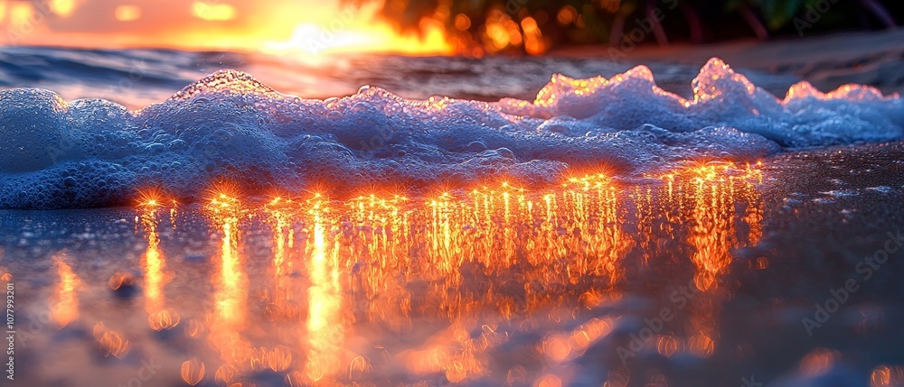 Sunset reflecting on ocean waves, creating a serene and tranquil atmosphere. Sunset reflecting on ocean waves, creating a serene and tranquil atmosphere.