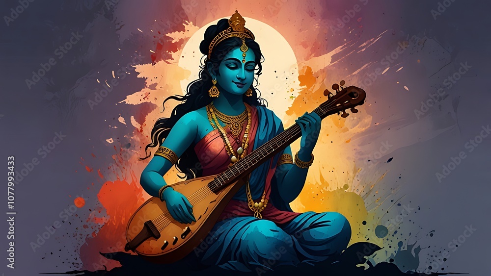 Illustration of the goddess sarasvati for vasant panchami in cartoon style.