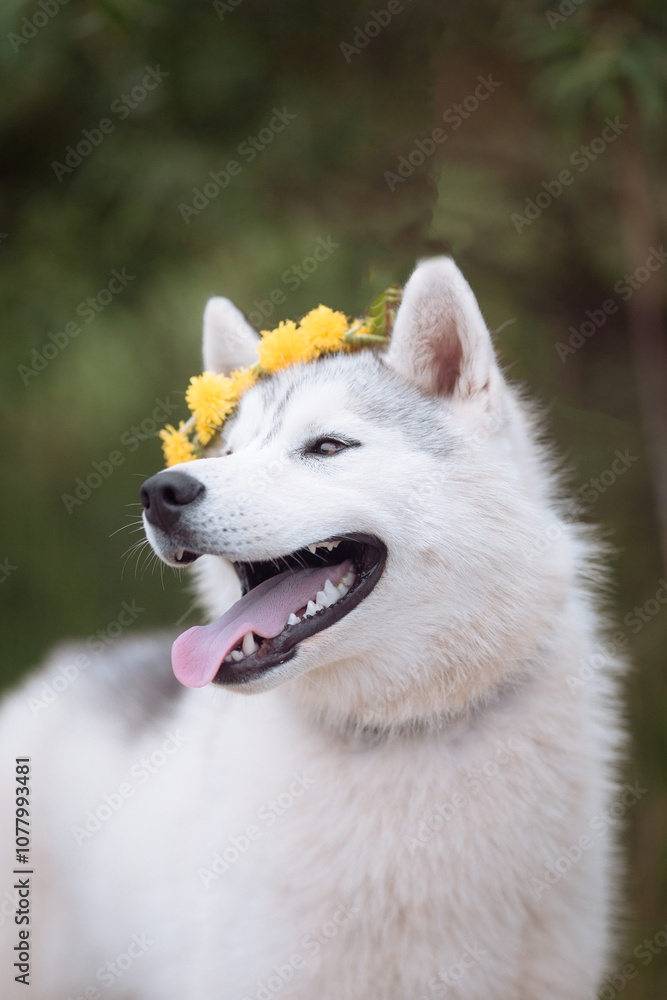 White cute husky dog with wreath of dandelions, summer walking day, green meadow of park White cute husky dog with wreath of dandelions, summer walking day, green meadow of park