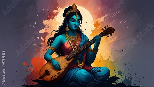 Obraz na płótnie Illustration of the goddess sarasvati for vasant panchami in cartoon style. w salonie