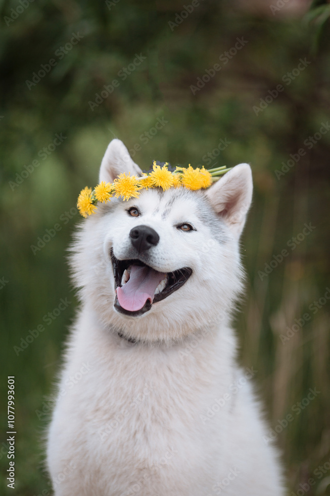 White cute husky dog with wreath of dandelions, summer walking day, green meadow of park White cute husky dog with wreath of dandelions, summer walking day, green meadow of park