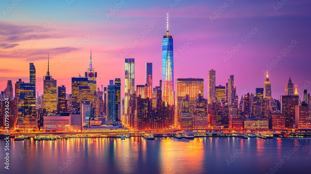 Obraz premium New York City skyline at night with illuminated skyscrapers
