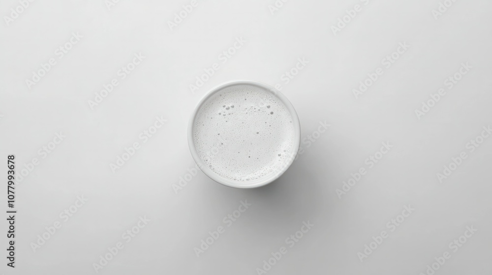 Top-down view of a coffee cup with a frothy surface, minimalistic and clean against a white background Top-down view of a coffee cup with a frothy surface, minimalistic and clean against a white background