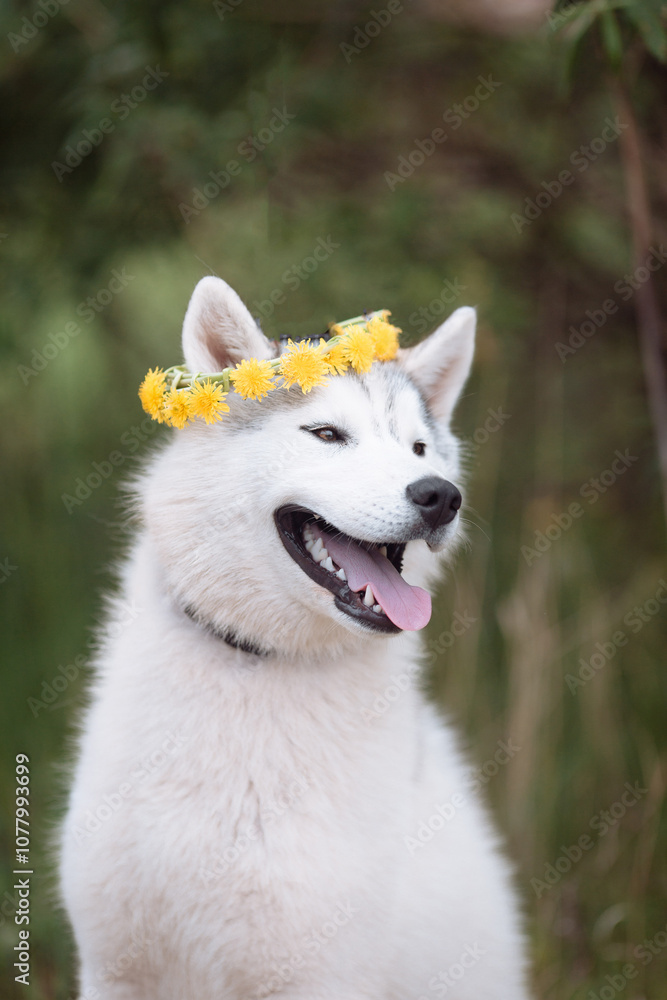 White cute husky dog with wreath of dandelions, summer walking day, green meadow of park White cute husky dog with wreath of dandelions, summer walking day, green meadow of park