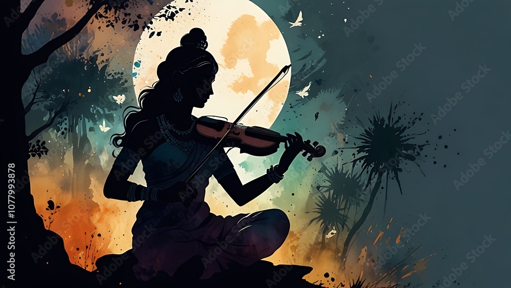 Illustration of the goddess sarasvati for vasant panchami in cartoon style.