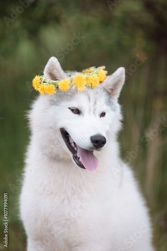 White cute husky dog with wreath of dandelions, summer walking day, green meadow of park