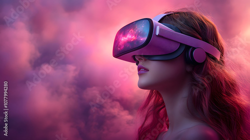 A girl wearing a virtual reality (VR) headset, set against a pink background, experiencing immersive digital environments with futuristic technology and innovation 