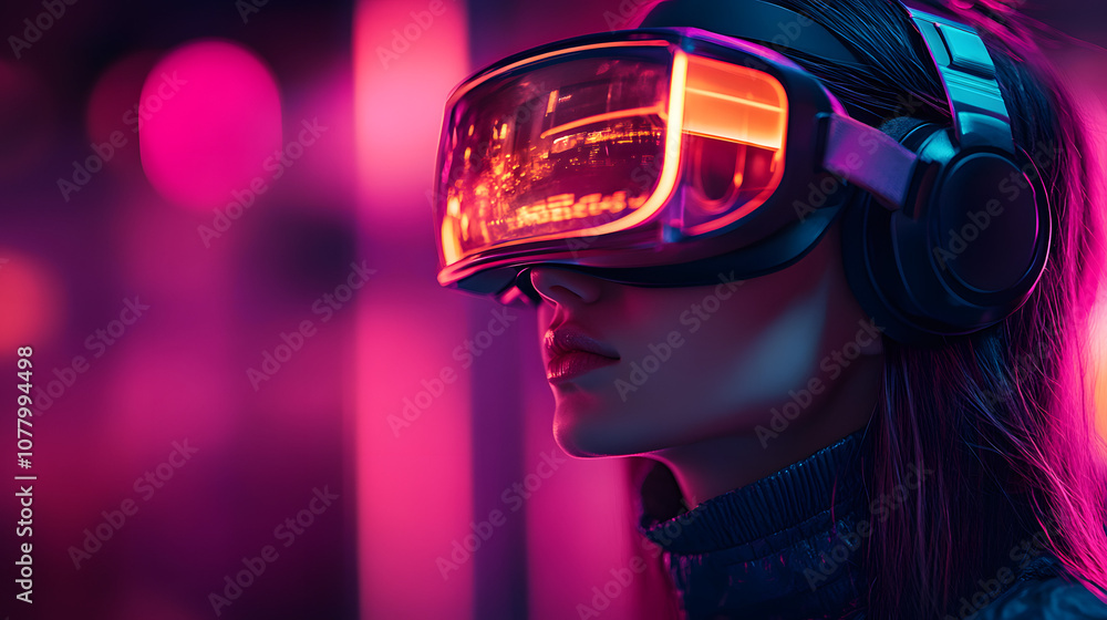 A girl wearing a virtual reality (VR) headset, set against a pink background, experiencing immersive digital environments with futuristic technology and innovation
A girl wearing a virtual reality (VR) headset, set against a pink background, experiencing immersive digital environments with futuristic technology and innovation
