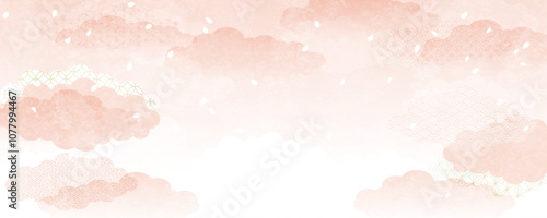 ピンクの雲と舞い散る桜吹雪の和風背景ベクターイラスト　横長