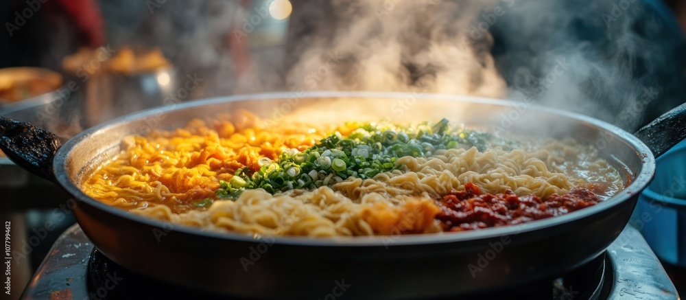 Steaming hot noodles with green onions and red sauce in a large pan. Steaming hot noodles with green onions and red sauce in a large pan.