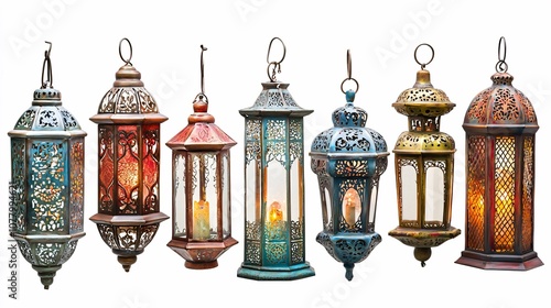 Artfully arranged, these lanterns blend traditional and contemporary designs, each showcasing intricate patterns against a white background.