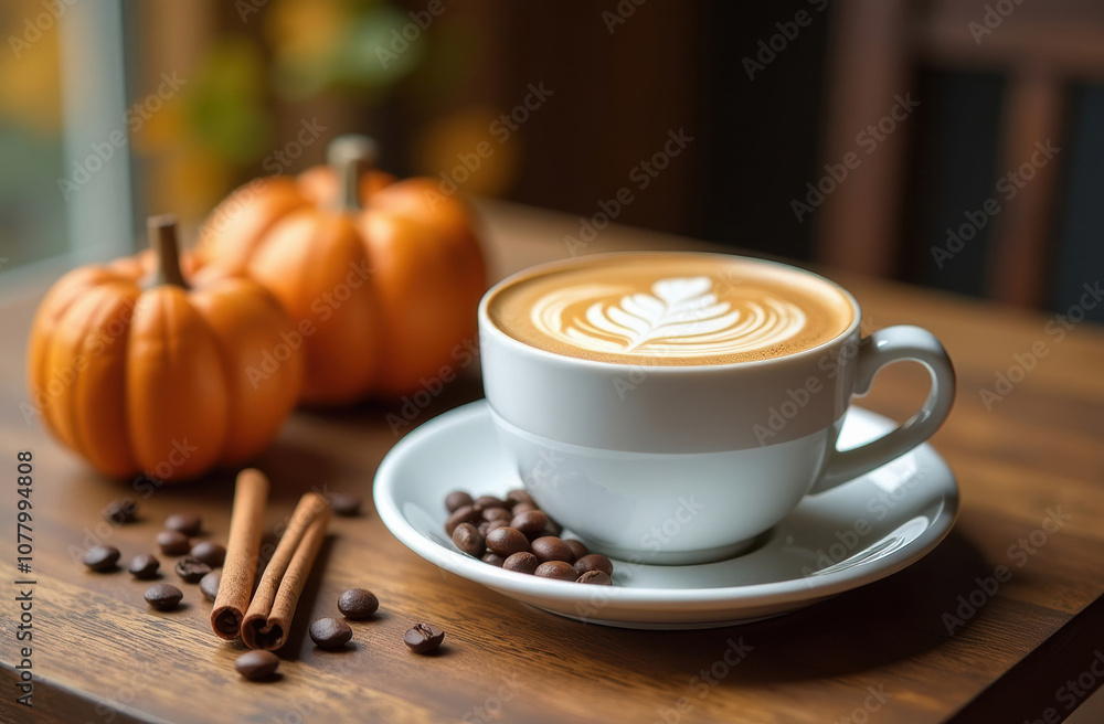 Obraz premium Pumpkin spice latte with cinnamon and coffee beans on wooden table