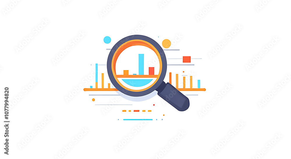 “2D Flat Icon of a Magnifying Glass with a Chart” – A Minimalistic Flat Design Icon Representing Search and Data Analysis, on a White Background “2D Flat Icon of a Magnifying Glass with a Chart” – A Minimalistic Flat Design Icon Representing Search and Data Analysis, on a White Background