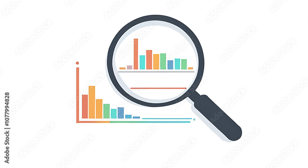  “2D Flat Icon of a Magnifying Glass with a Chart” – A Minimalistic Flat Design Icon Representing Search and Data Analysis, on a White Background