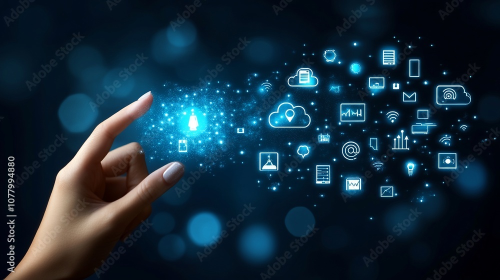 Hand holding a glowing blue sphere with digital icons emerging. Hand holding a glowing blue sphere with digital icons emerging.