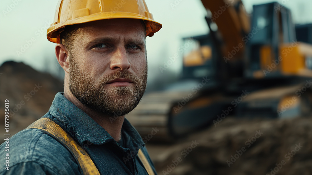 A portrait of an construction worker with a beard and yellow helmet, standing in front of his excavator, looking at the camera in a close-up shot A portrait of an construction worker with a beard and yellow helmet, standing in front of his excavator, looking at the camera in a close-up shot