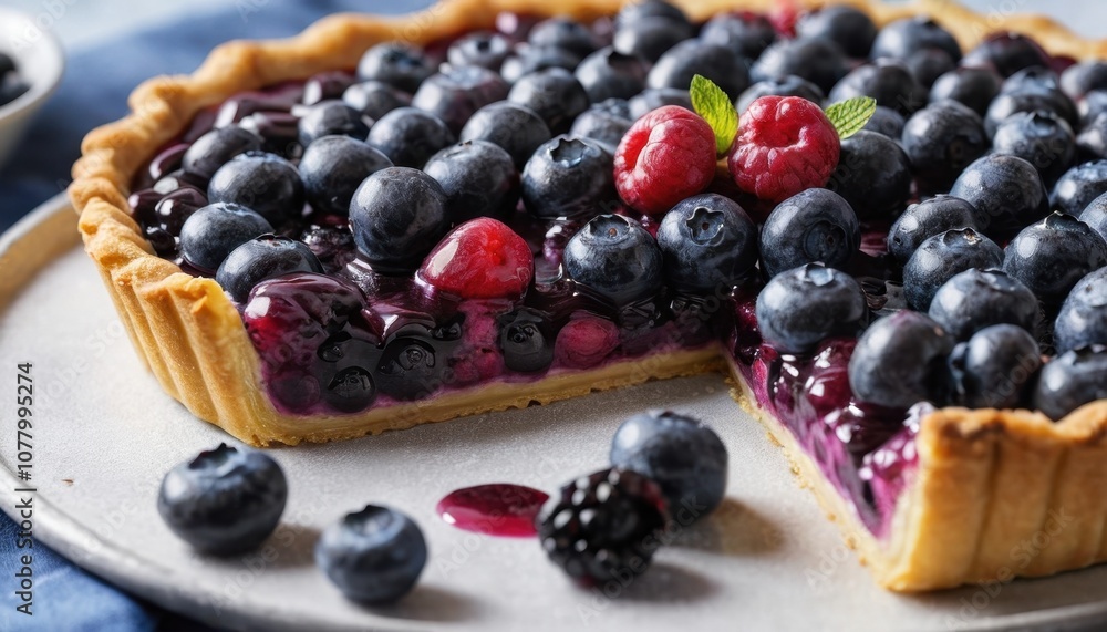 A close-up of a blueberry tart with a creamy filling and fresh berries A close-up of a blueberry tart with a creamy filling and fresh berries