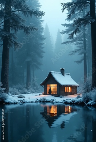 A small Butifull house sorrouned by forest in winter session,  and everything is covered in snow