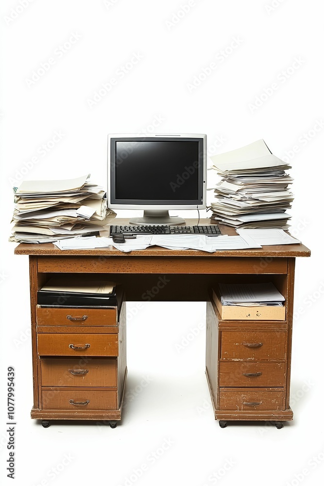 Cluttered wooden desk with computer and paperwork. Cluttered wooden desk with computer and paperwork.
