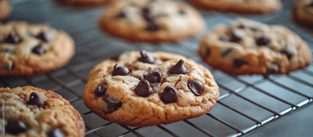 Close-up of chocolate chip cookies on a cooling rack. Close-up of chocolate chip cookies on a cooling rack.