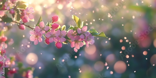 A beautiful branch of pink flowers is illuminated by soft sunlight. The gentle glow adds a magical touch to the scene. Perfect for nature lovers and floral enthusiasts. AI