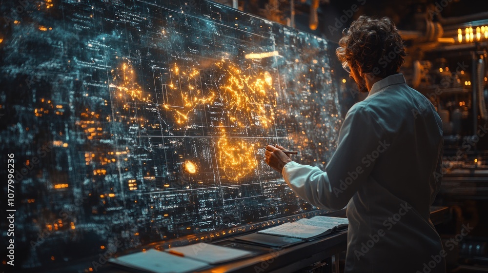 Scientist analyzing data on a futuristic digital interface. Scientist analyzing data on a futuristic digital interface.