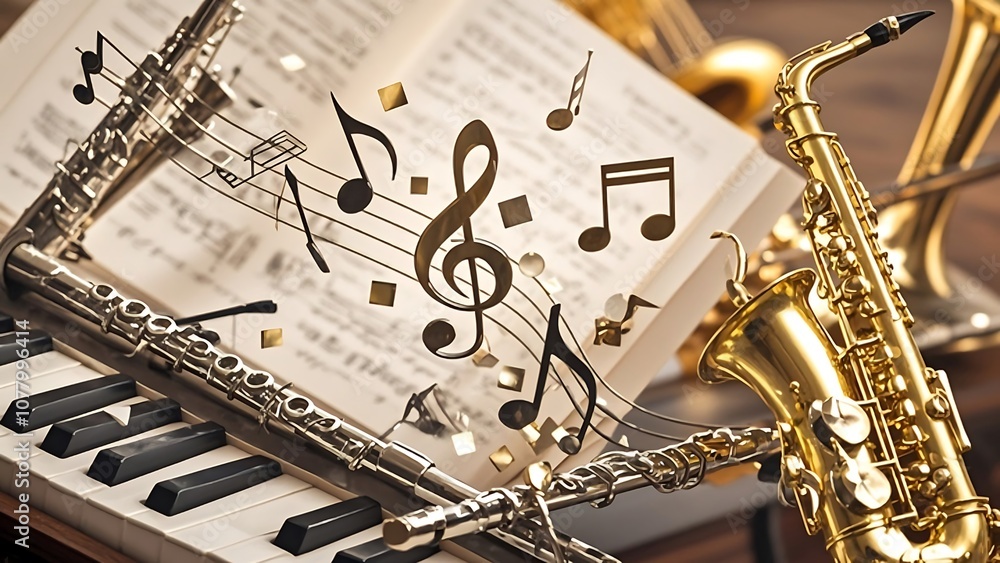 Obraz premium A musical staff with floating notes and instruments - A beautiful, flowing music staff with musical notes and symbols floating above it, accompanied by a few instruments like a flute and saxophone, bl