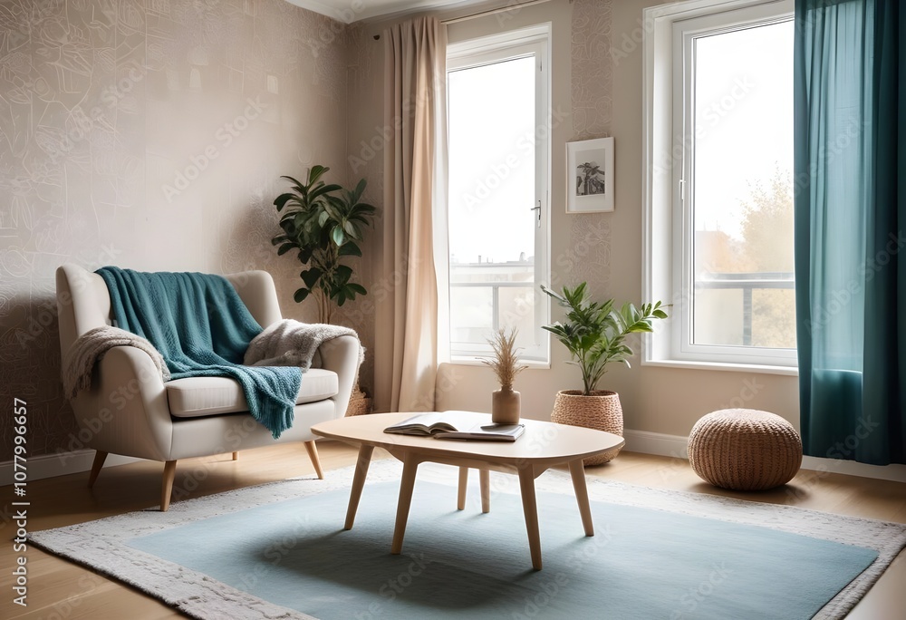 Scandinavian living room interior design zoom background,Doodle patterned wallpaper graphics Scandinavian living room interior design zoom background,Doodle patterned wallpaper graphics