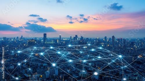 Cityscape with glowing network lines at twilight.