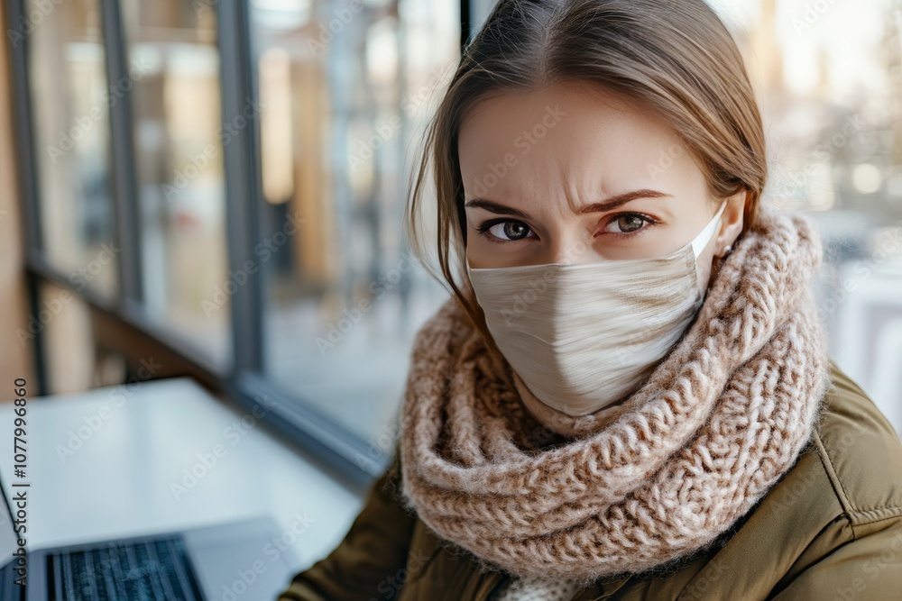 Businesswoman in scarf and jacket working remotely in office amidst winter illness challenges Businesswoman in scarf and jacket working remotely in office amidst winter illness challenges