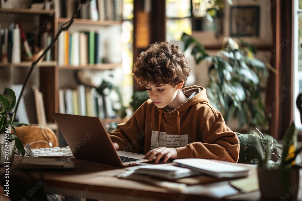 Young boy studying at home using laptop for online education and digital communication Young boy studying at home using laptop for online education and digital communication